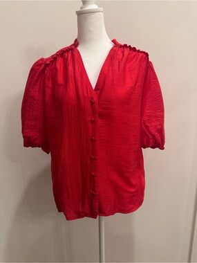 THML Vibrant Red Button-Front Puff Sleeve Blouse